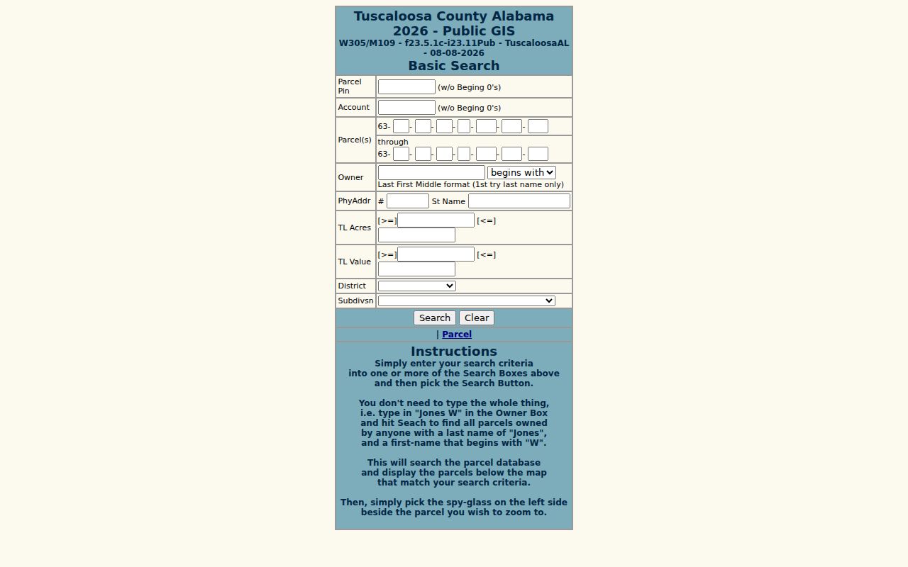 Tuscaloosa residents directory property owner search fields