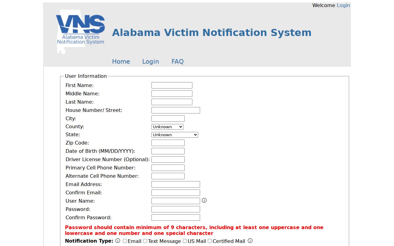 Alabama Attorney General victim notification account registration page