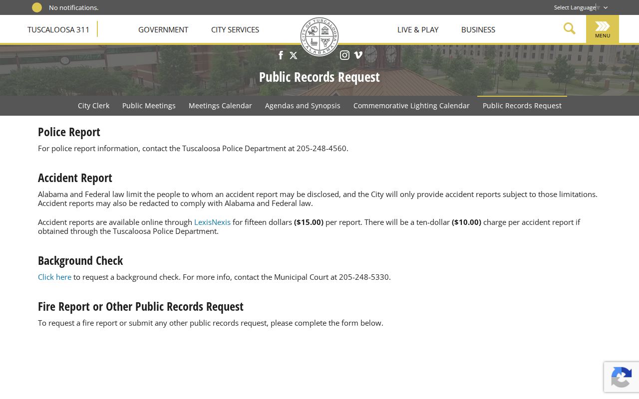 Tuscaloosa City Clerk public records request page and request channels