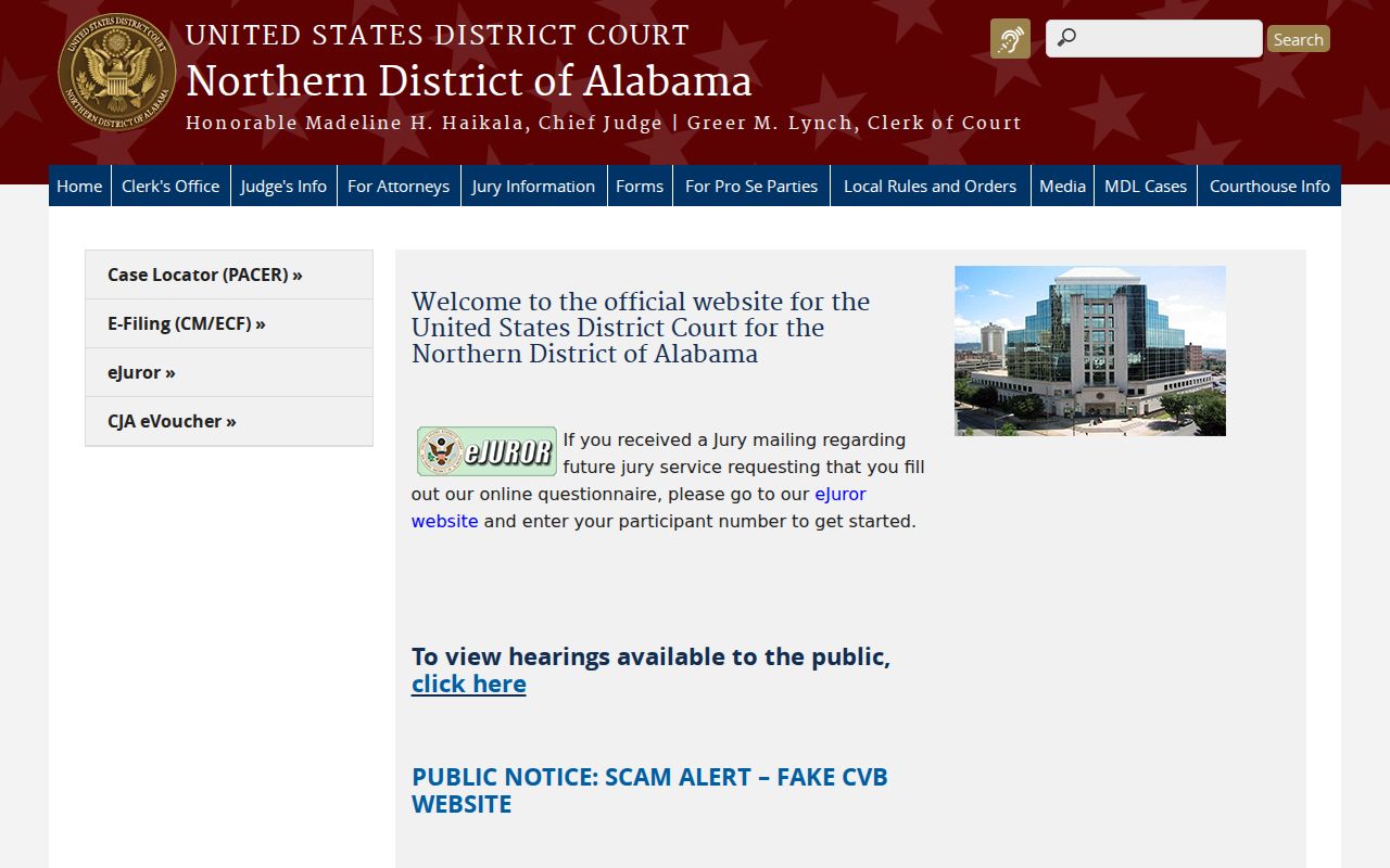 Northern District of Alabama official court page with federal court information