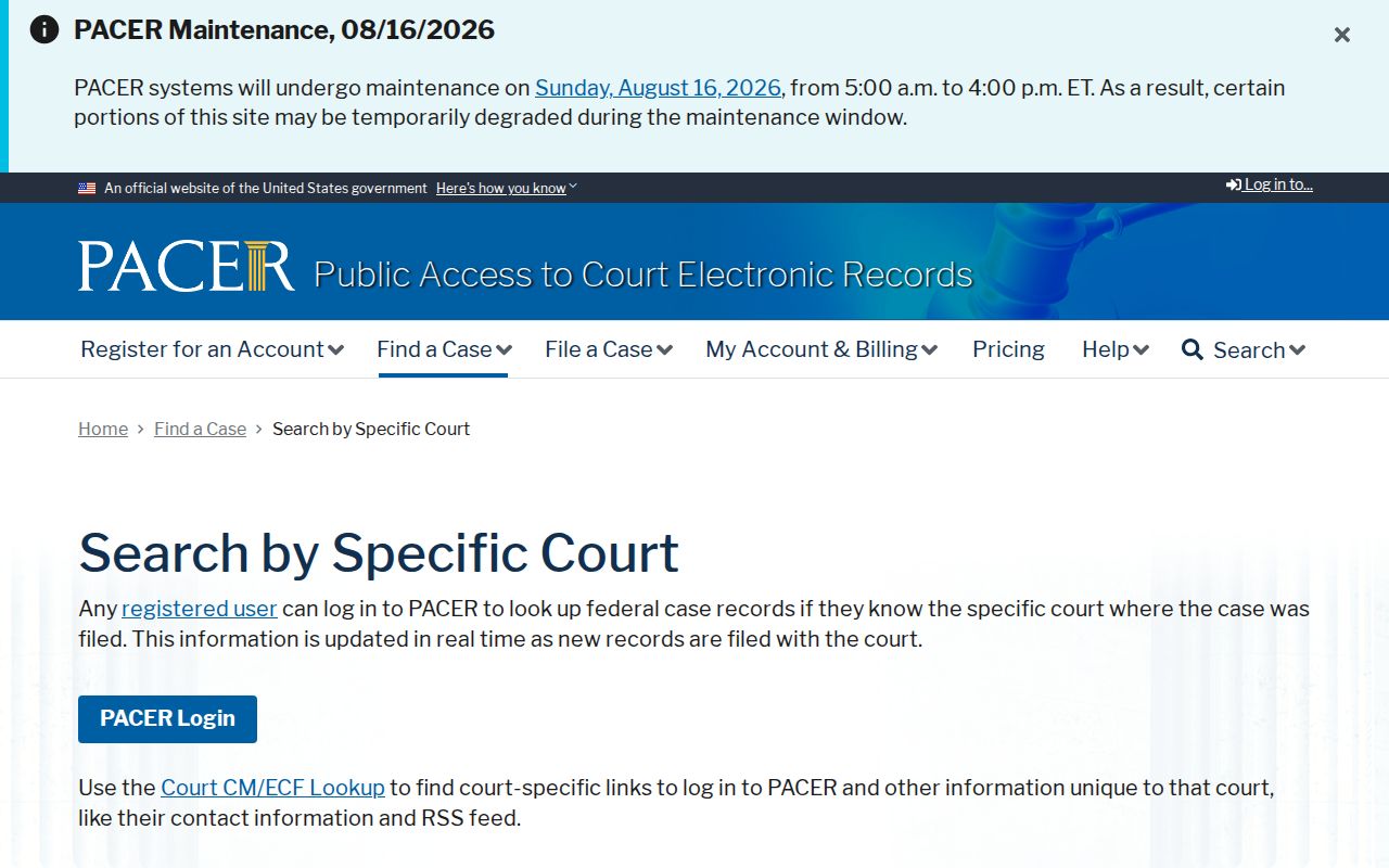 PACER official specific federal court search gateway used for Tuscaloosa party records