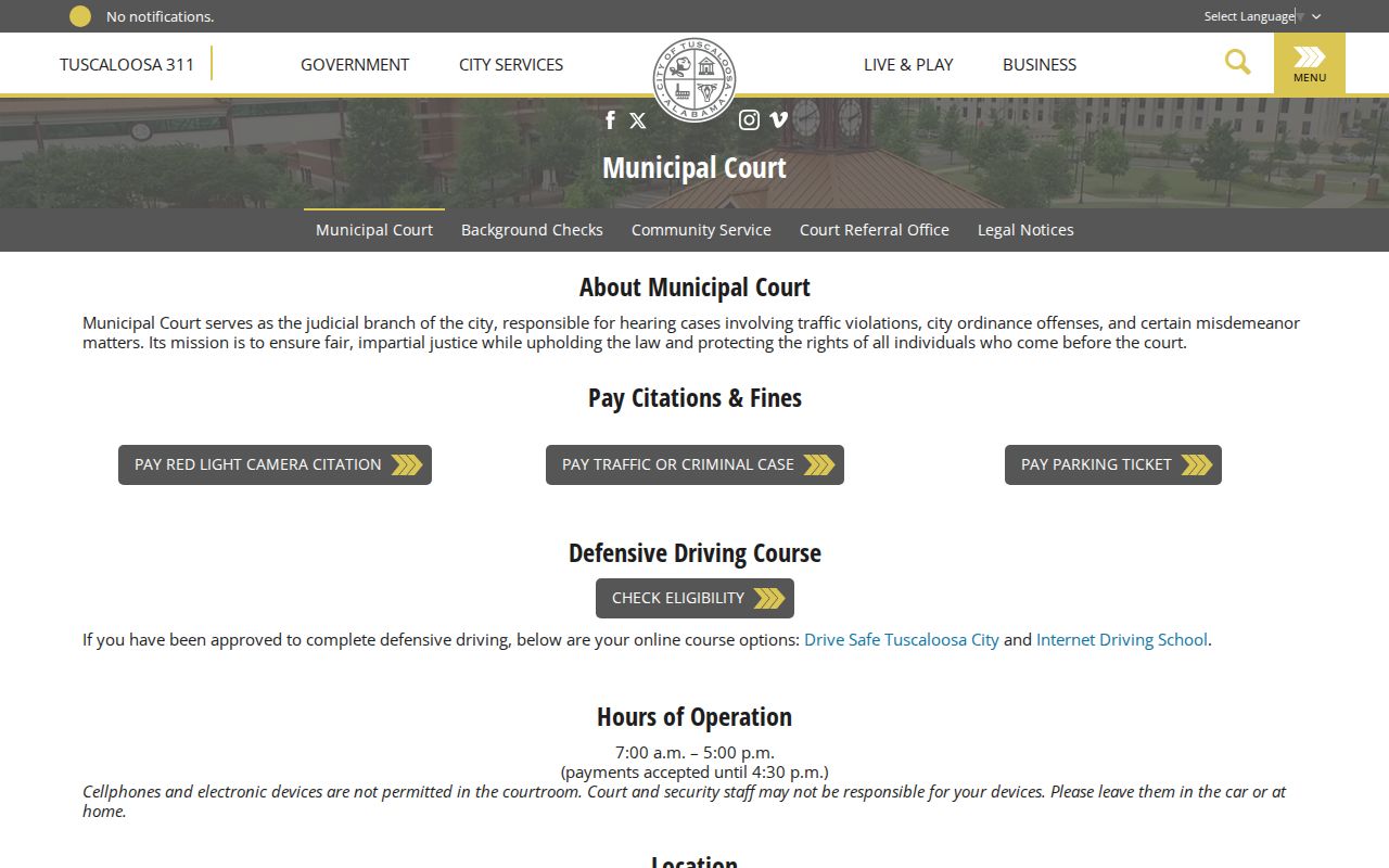 Tuscaloosa Municipal Court official information page for local case inquiries